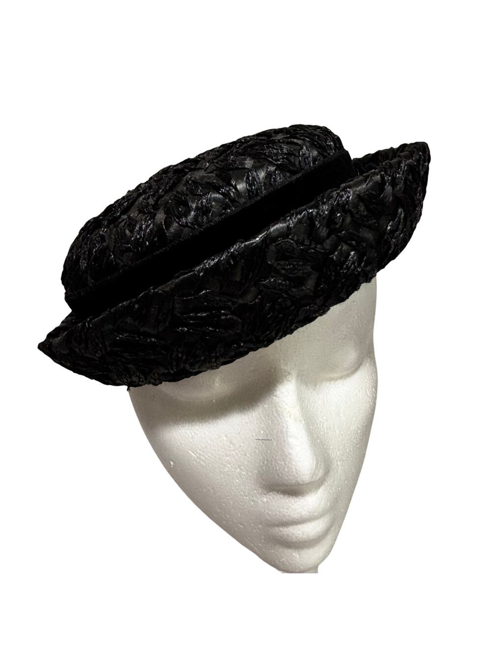 Vintage black straw pillbox hat by Winkelman’s velvet hatband upturned brim